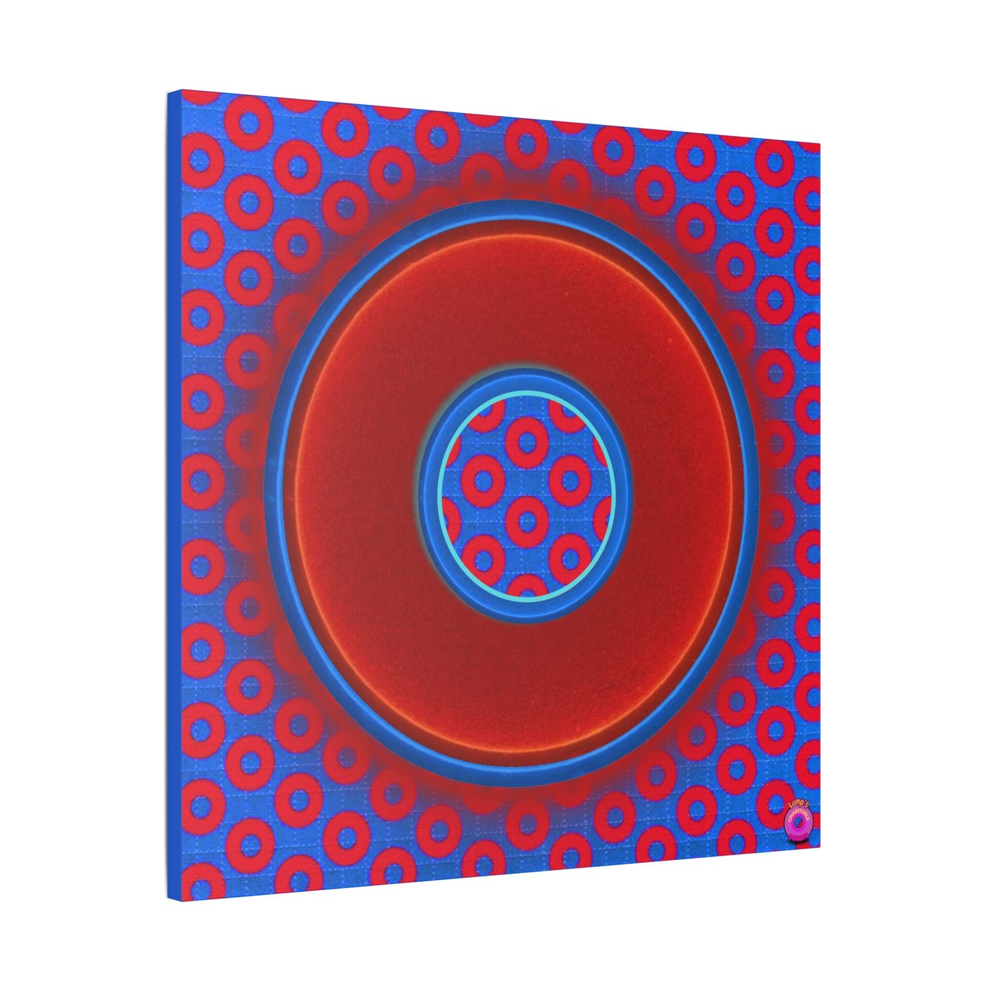 Donuts4charity - Giant Canvas [36" x 36"] - "Donuts within Donuts" - vivid red/blue donut on grid paradox donut background