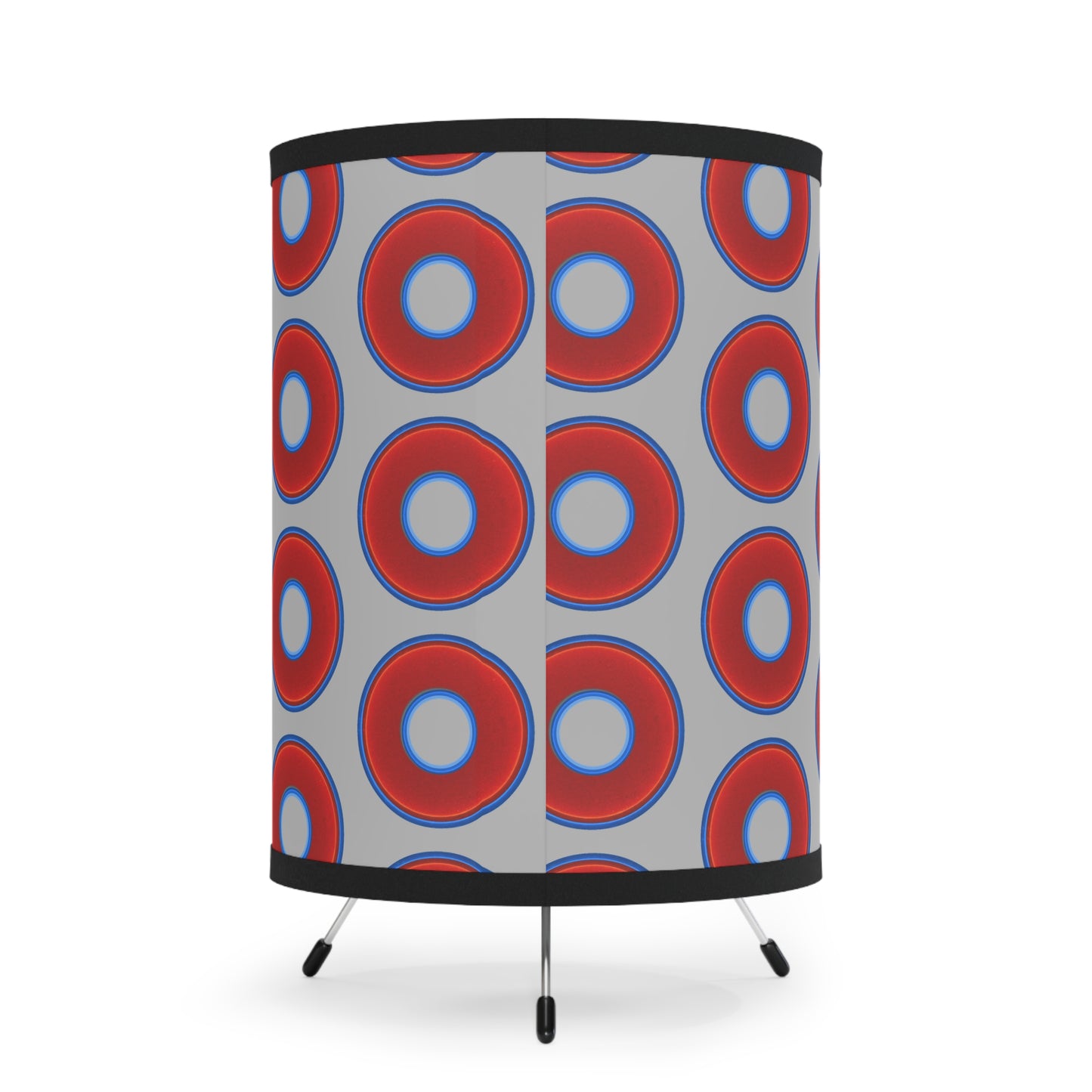 Lumpy Tripod Donut Lamp - vivid red donuts w/light gray background