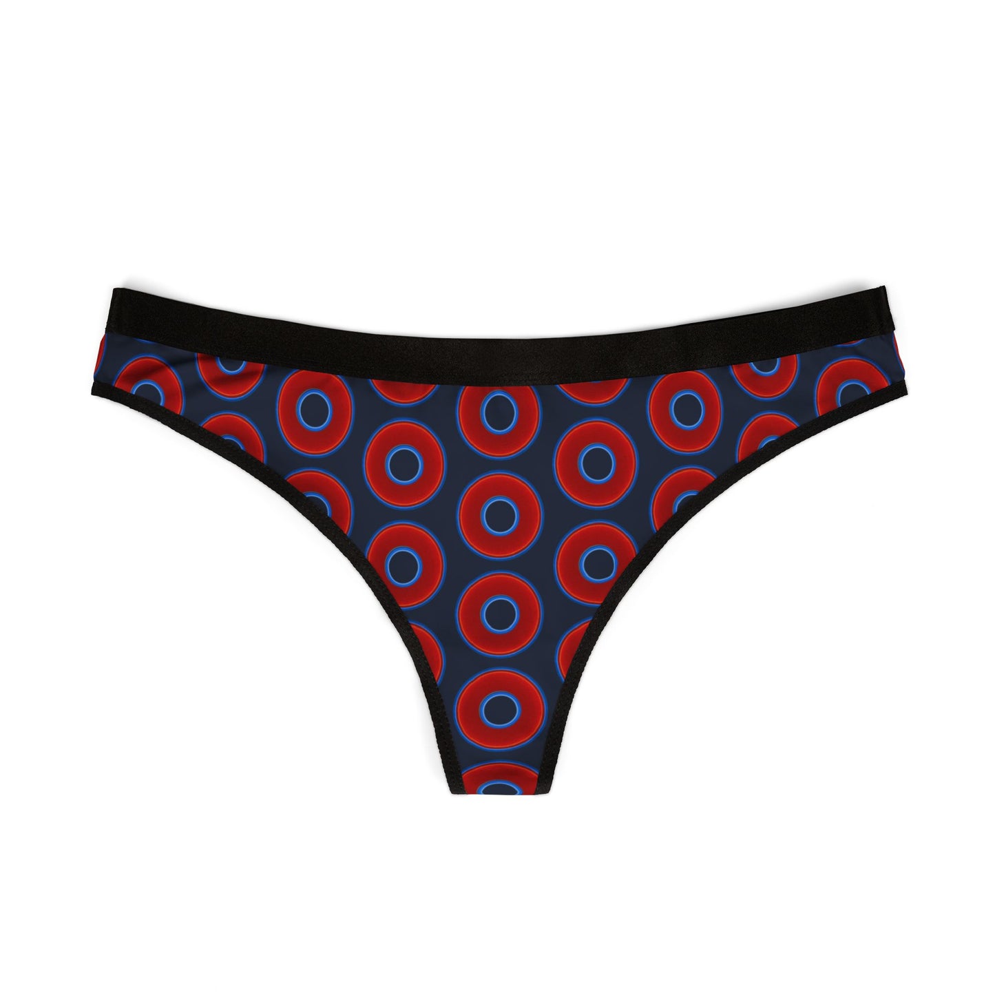 Lumpy Donut Thongs - red vivid donut print w/dark deal elite blue background