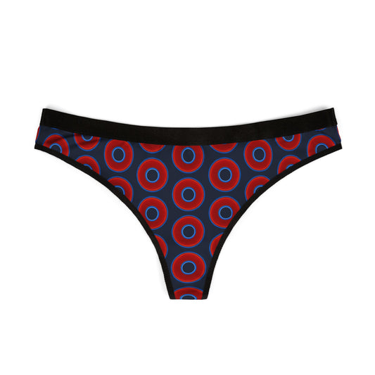Lumpy Donut Thongs - red vivid donut print w/dark deal elite blue background