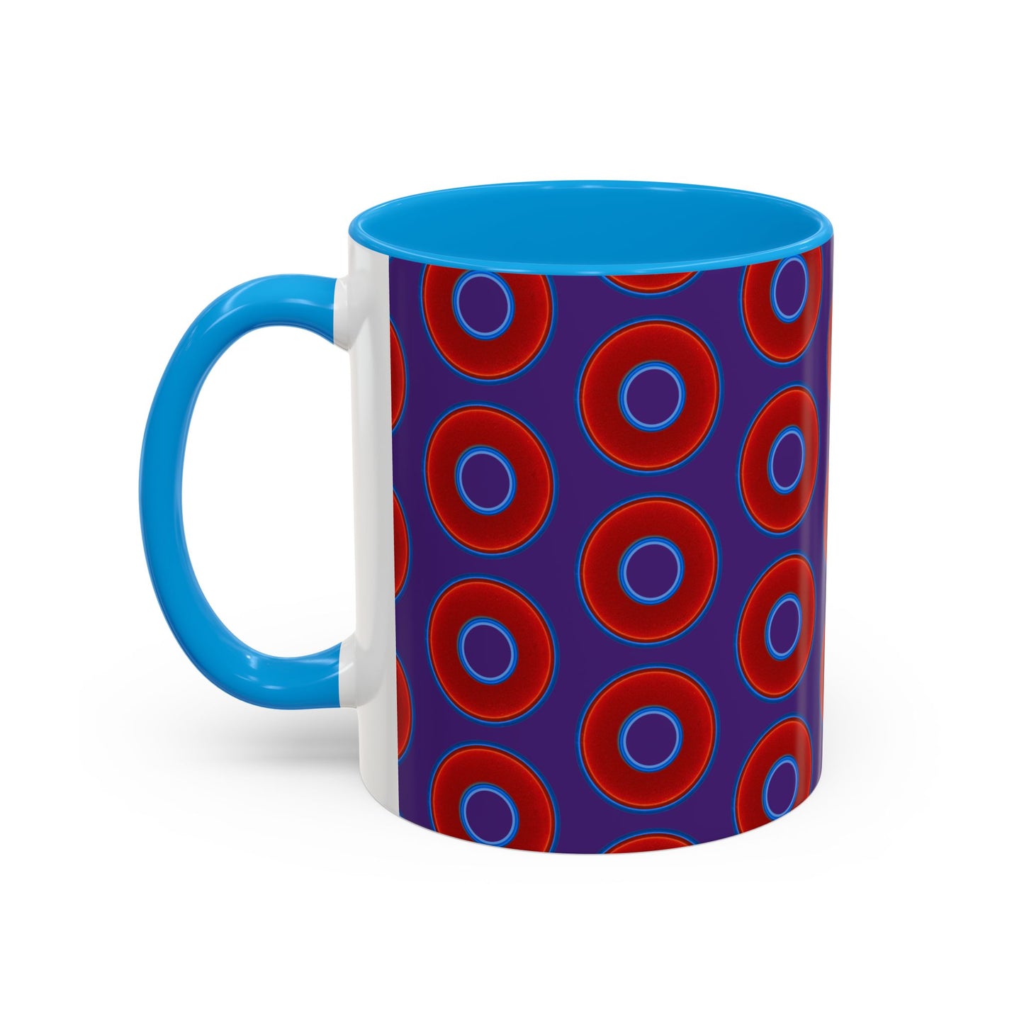 Lump's Grumpy Coffee Mug - vivid red donuts w/purple background