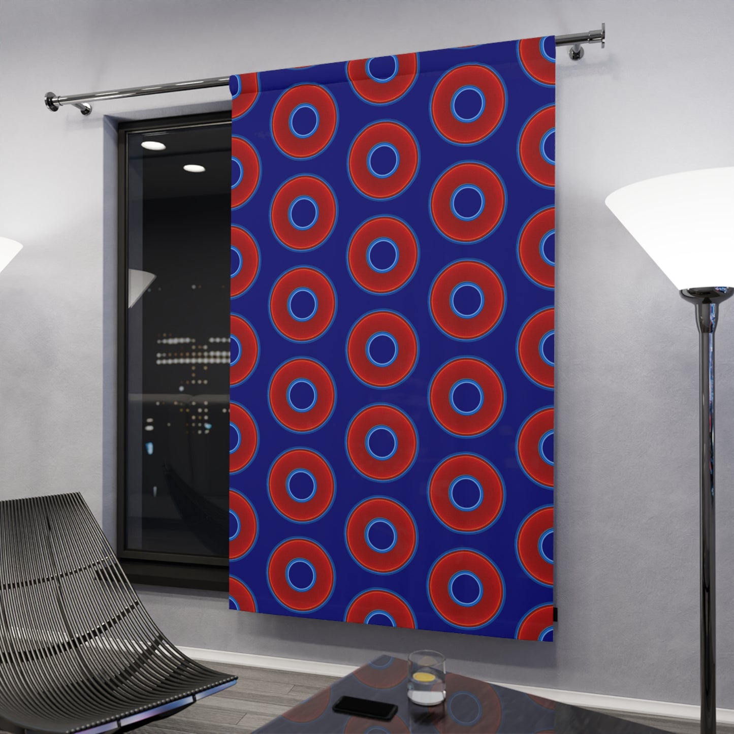 Lump's Heady Curtain w/Donuts - vivid red donut print - w/vivid navy blue - [*1 Piece / 50" x 84"]
