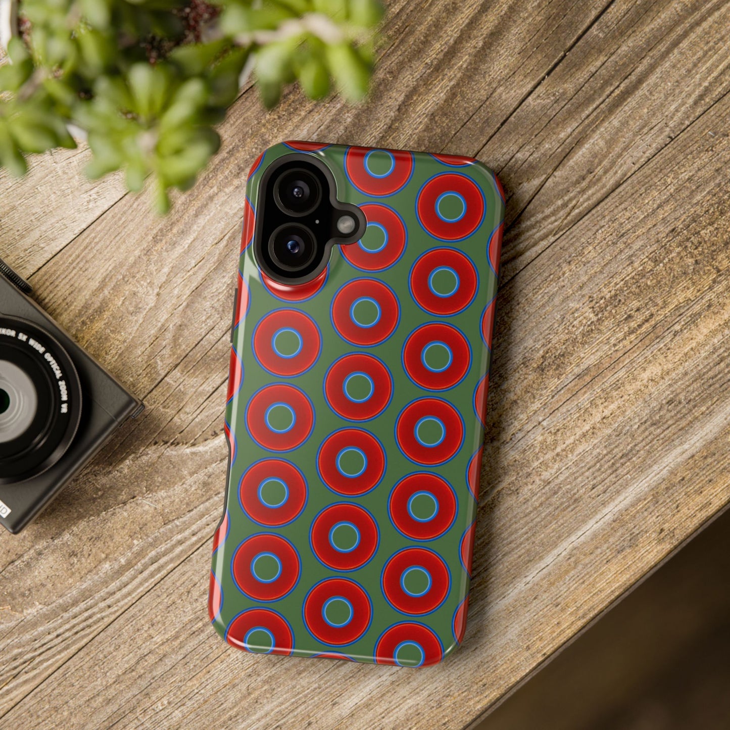 Magnetic Tough Donut Case - red vivid donut print w/dark Fenway green background
