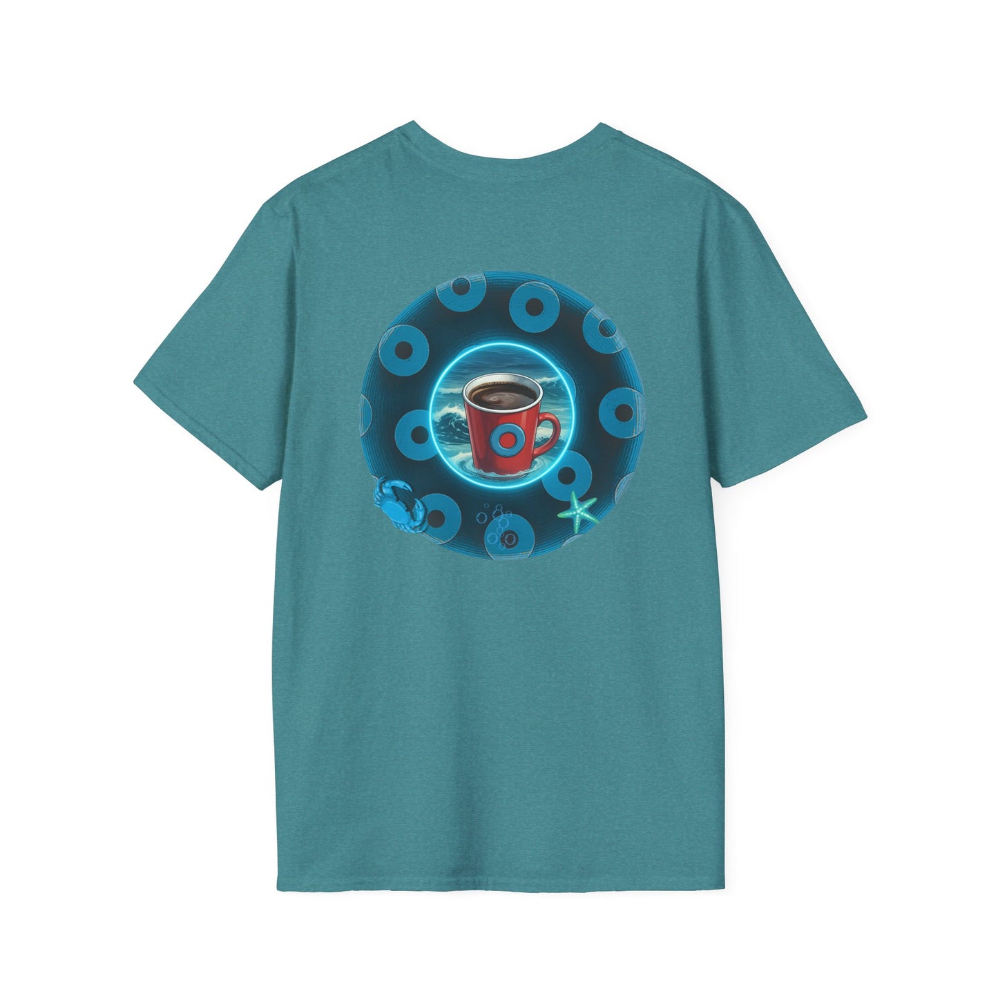 Classic Donut Tee - Unisex Soft-Style - "The Leaky Cup" - paradoxical blue/teal ocean donut -