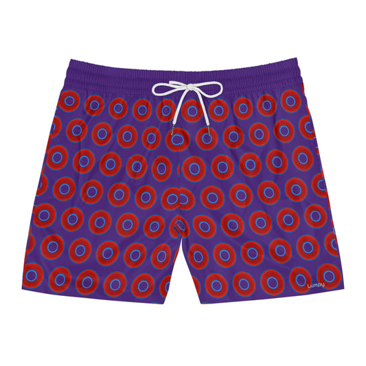 Men's Lumpy Swim Trunks - vivid red donut print w/purple background