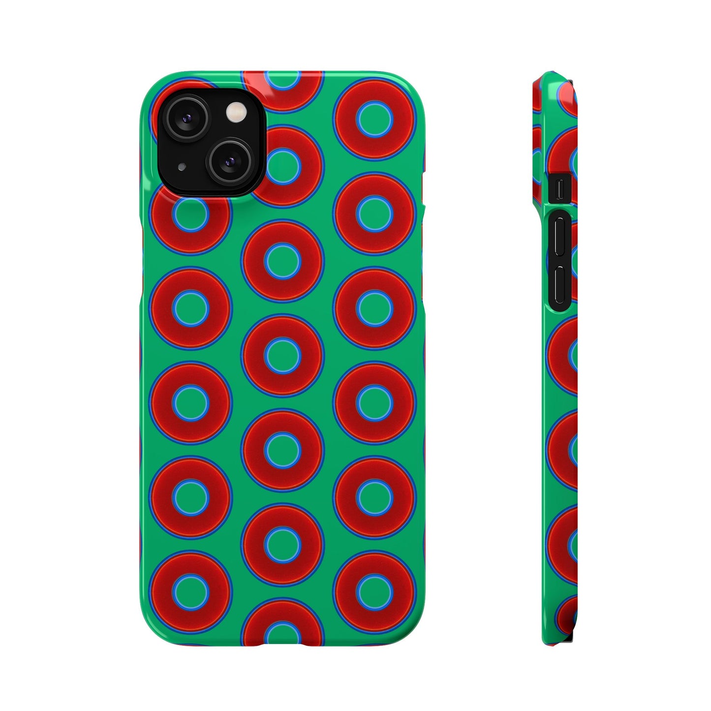 Lumpy Donut Snap Case - red vivid donut print w/jade green background