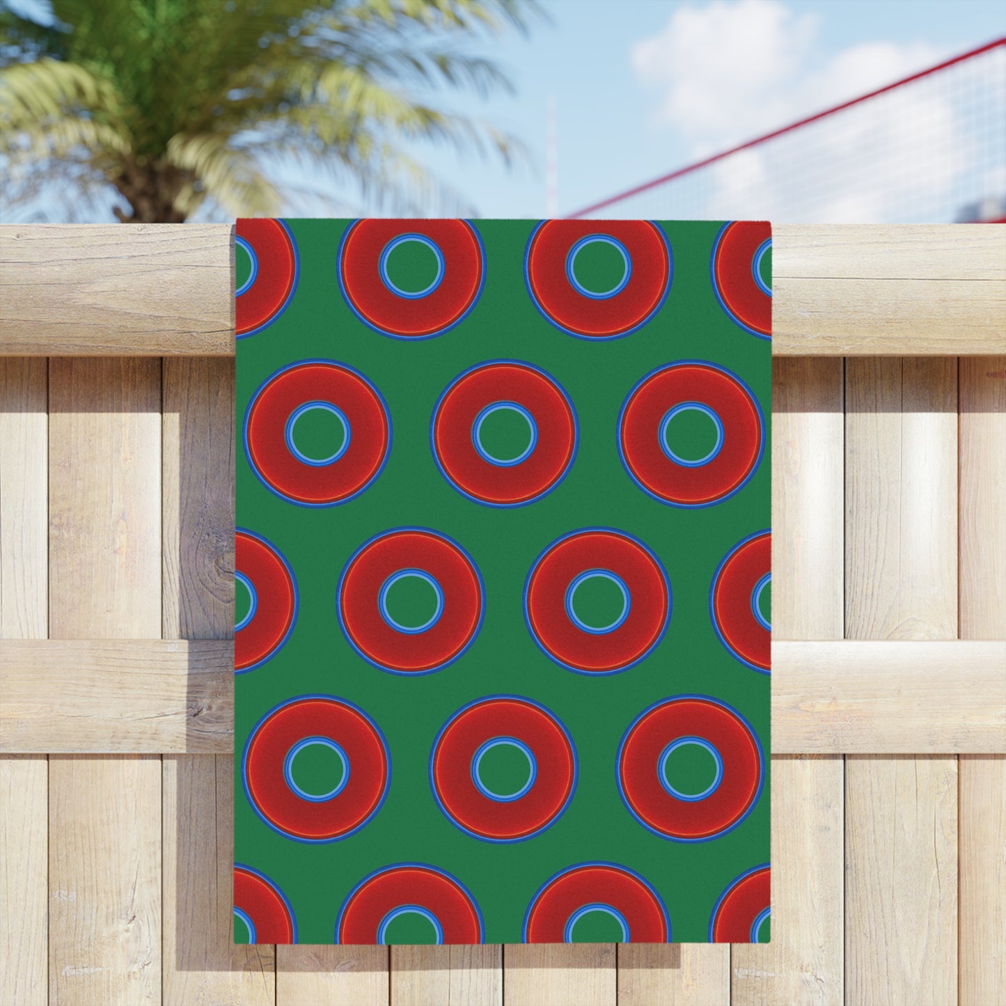 Lumpy Donut Towels - vivid red donuts w/green background