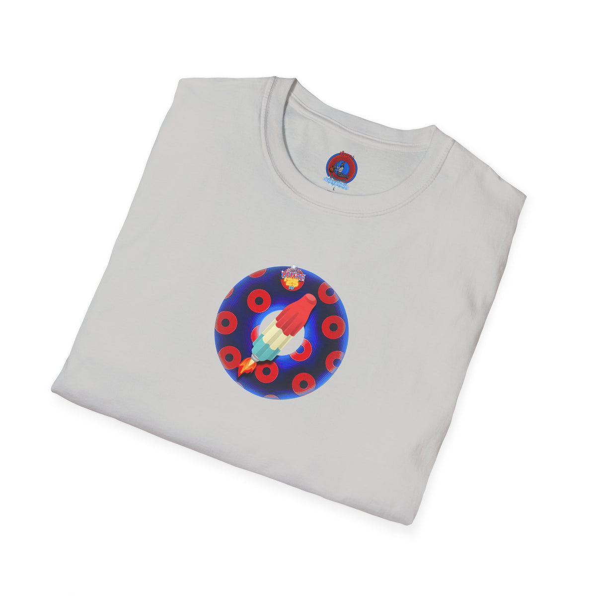 Classic Donut Tee - Unisex Soft-Style - "Blow this Popsicle Stand" - blue/red paradox bomb pop donut - variant 3