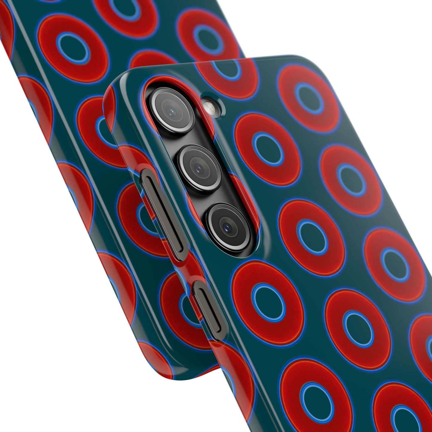 Lumpy Donut Snap Case - red vivid donut print w/midnight teal green background