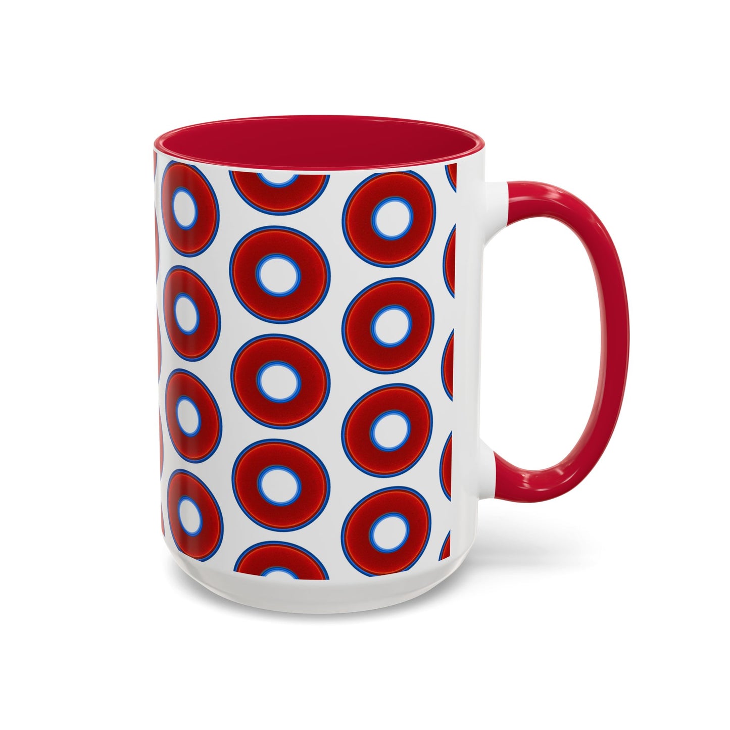 Lump's Grumpy Coffee Mug - vivid red donuts w/white background