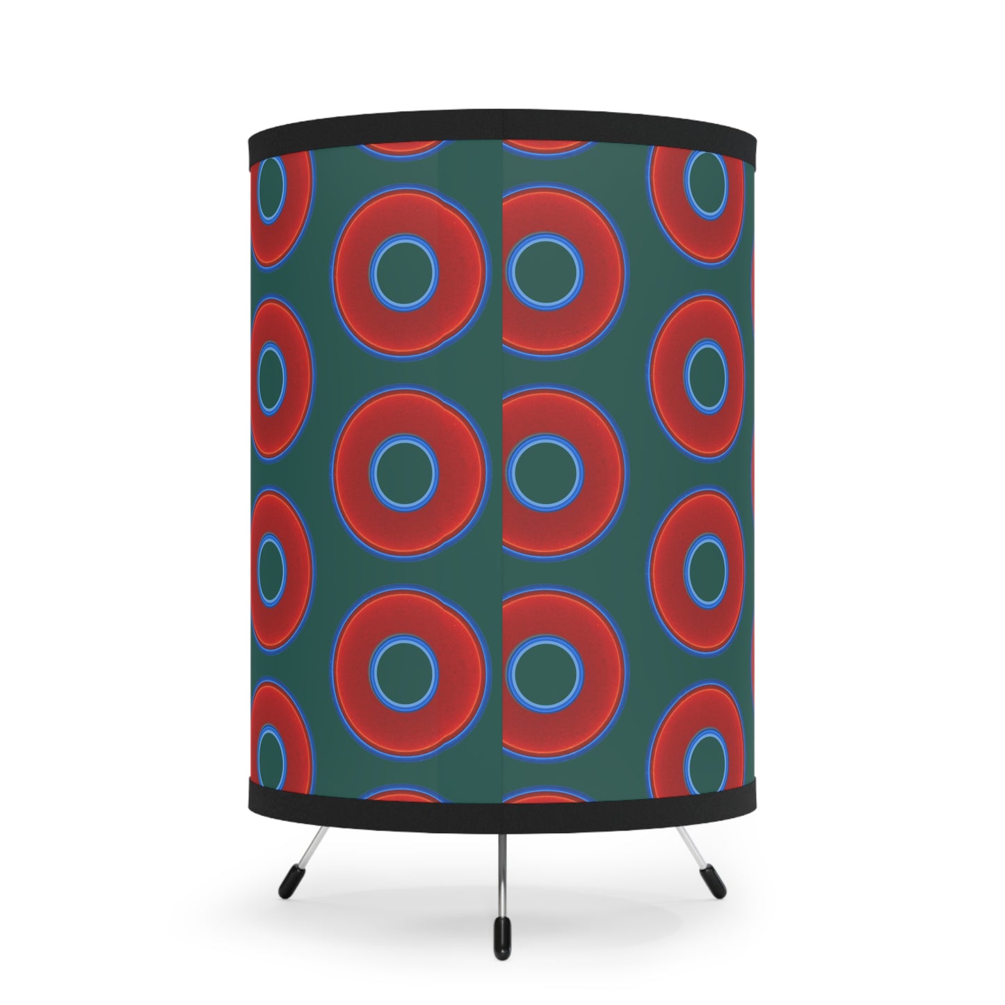 Lumpy Tripod Donut Lamp - vivid red donuts w/dark Fenway green background