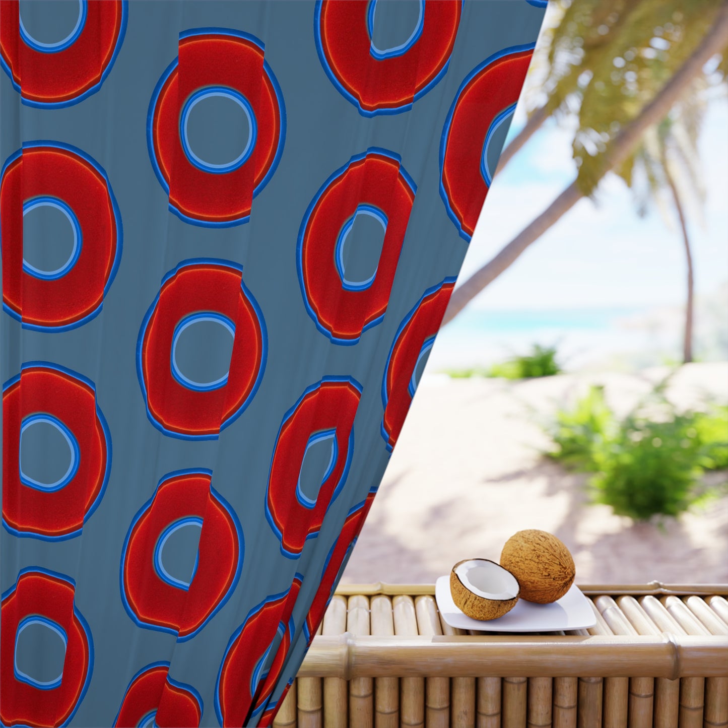 Lump's Heady Curtain w/Donuts - vivid red donut print - w/steel blue background - [*1 Piece / 50" x 84"]