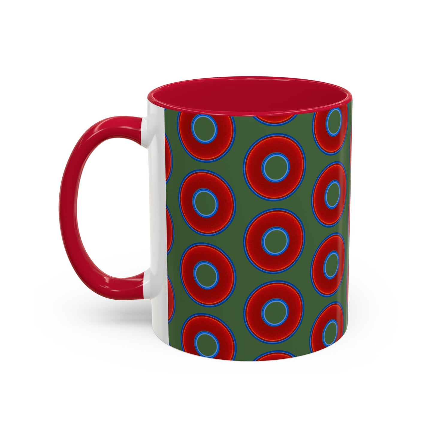 Lump's Grumpy Coffee Mug - vivid red donuts w/dark green background