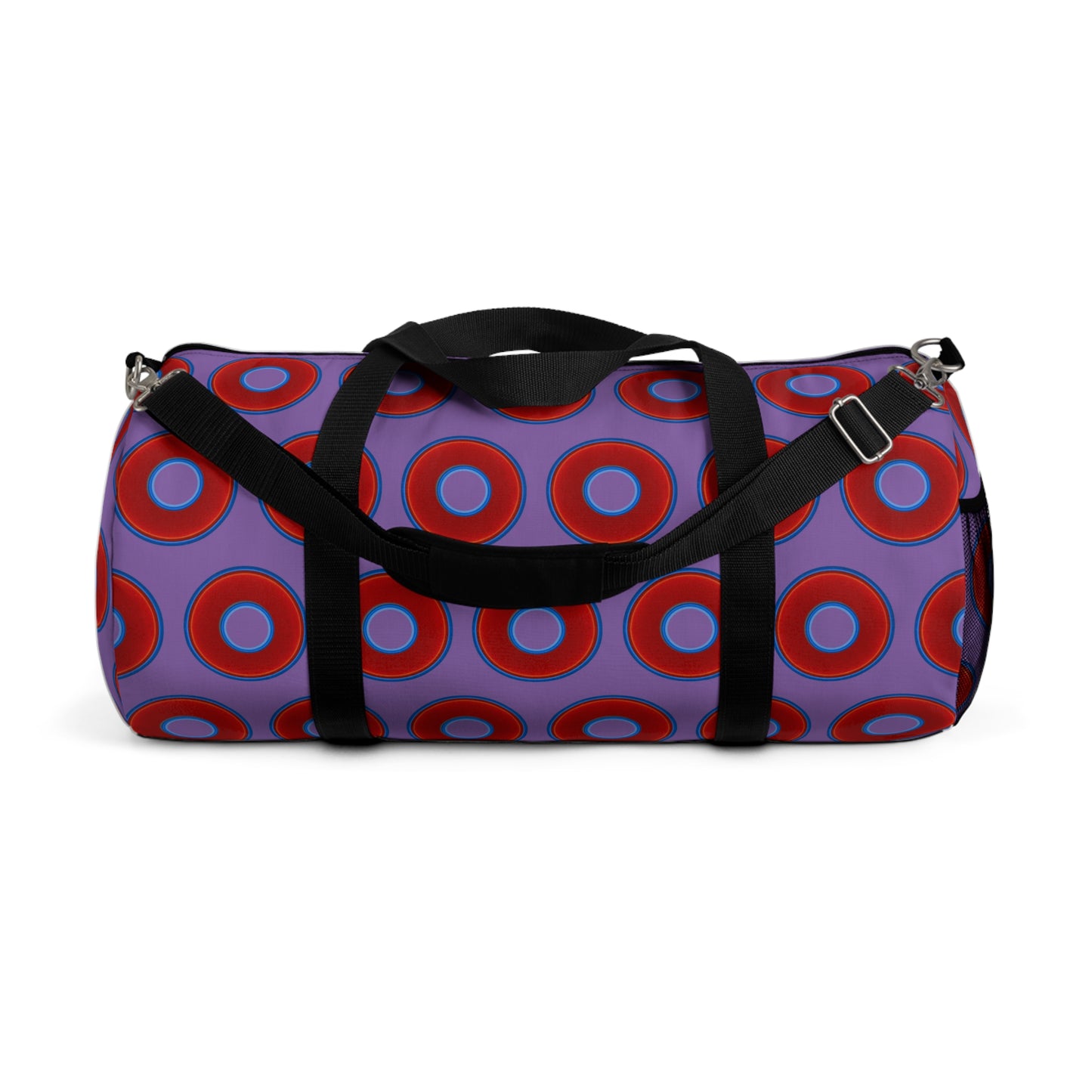 Lumpy Duffel - vivid red donuts w/light purple background