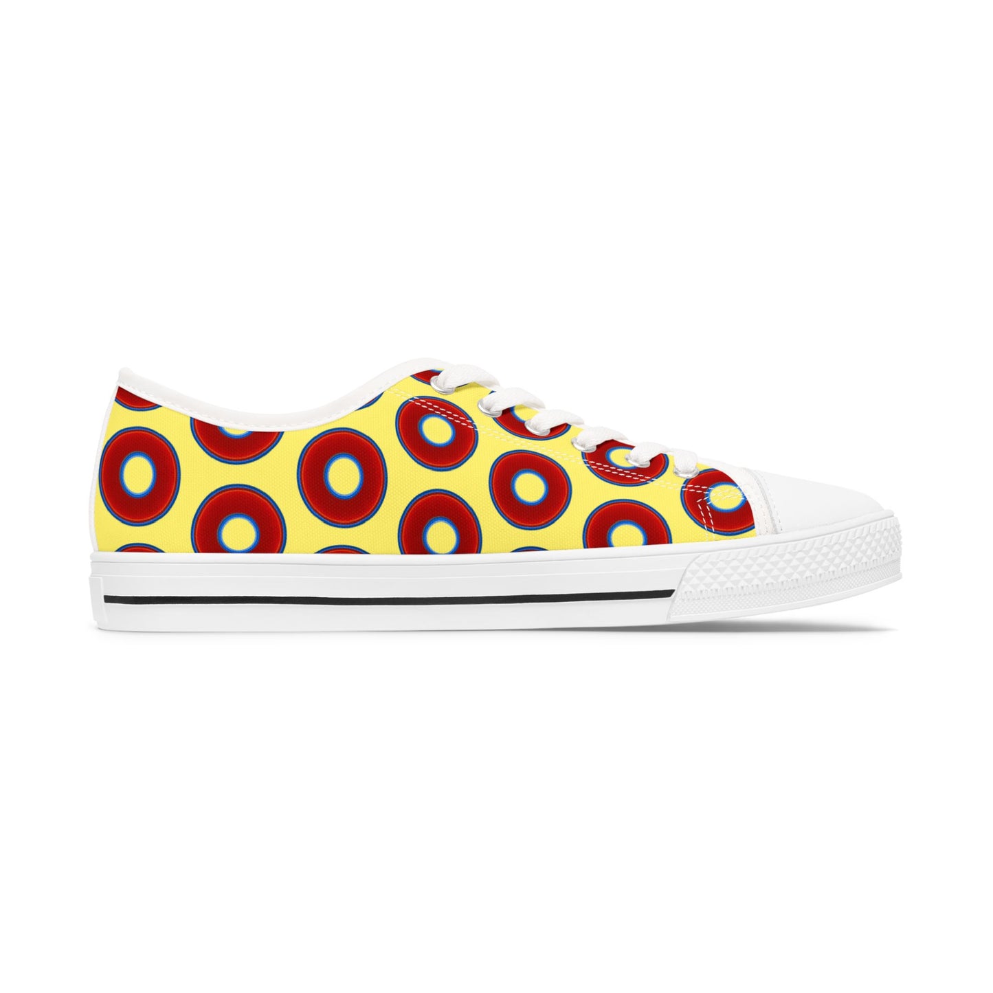 Women's - Low Top Chuck Taylors - large vivid red donut print w/yellow background