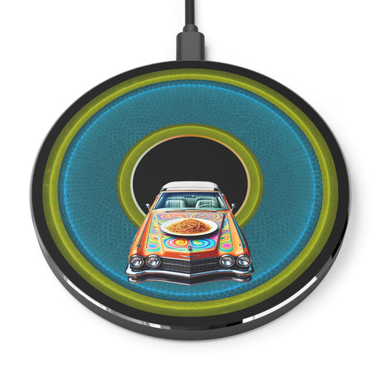 The Flow - Wireless Lumpy Donut Chargers - "Cadillac Rainbows & Charging on the Run" - rustic blue/green donut w/black background - variant 4