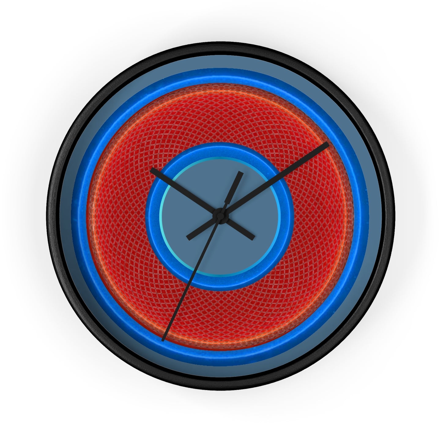 Lumpy Wall Clock - red rustic donut w/light blue edging - variant 5 w/steel blue background