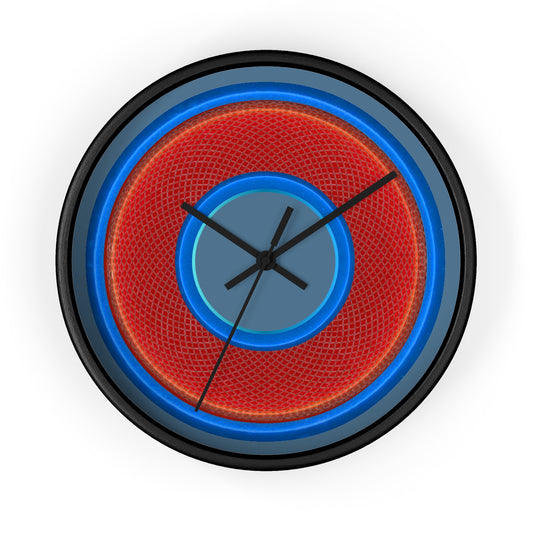 Lumpy Wall Clock - red rustic donut w/light blue edging - variant 5 w/steel blue background