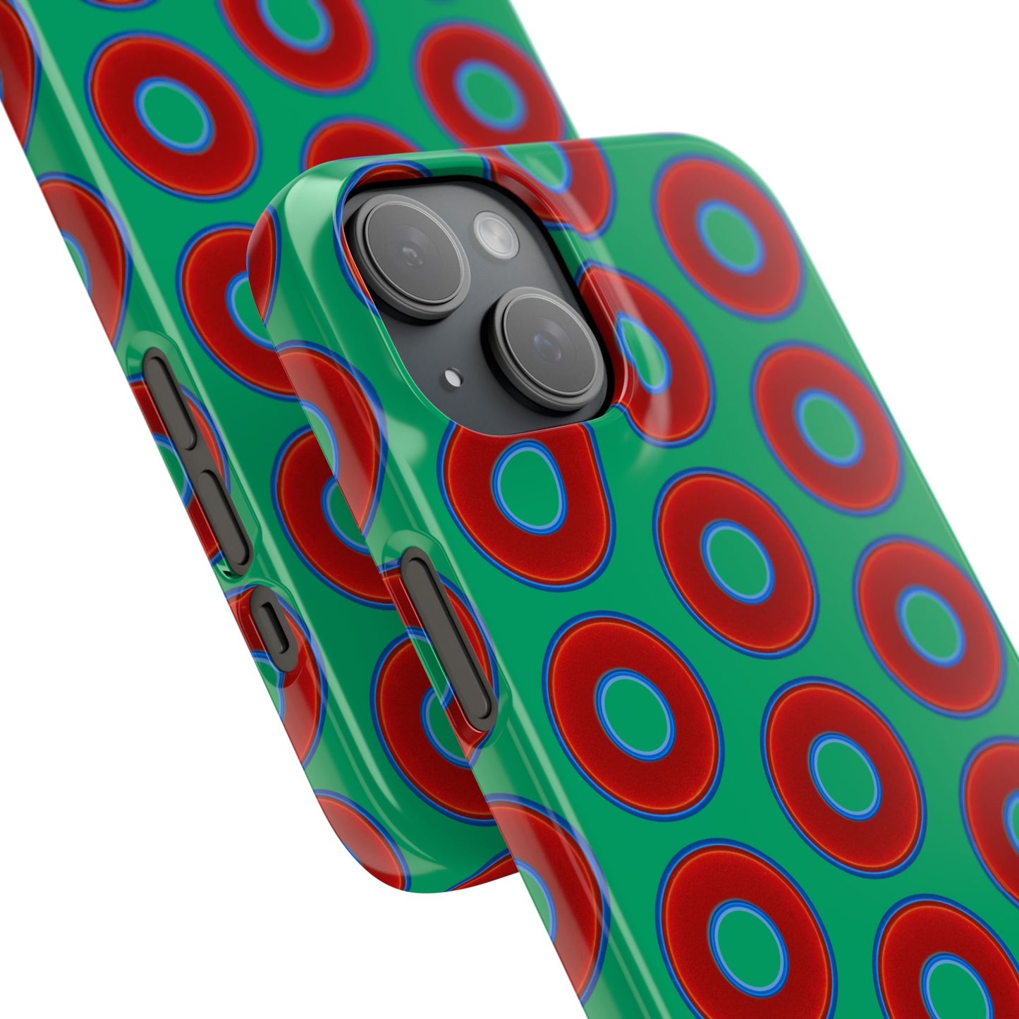 Lumpy Donut Snap Case - red vivid donut print w/jade green background