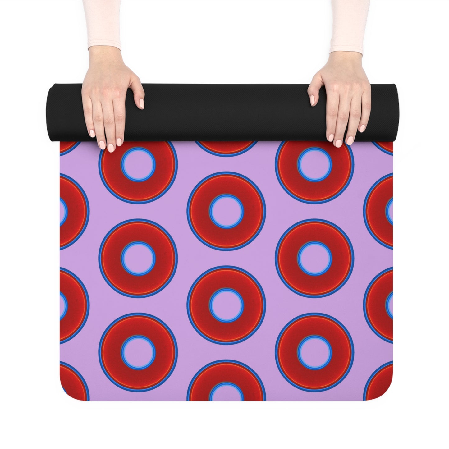 Lumpy Donut Yoga Mat :) - 24″ x 70" - vivid red donut print w/wisteria purple background