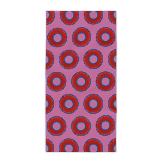 Lumpy Donut Towels - vivid red donuts w/pink background