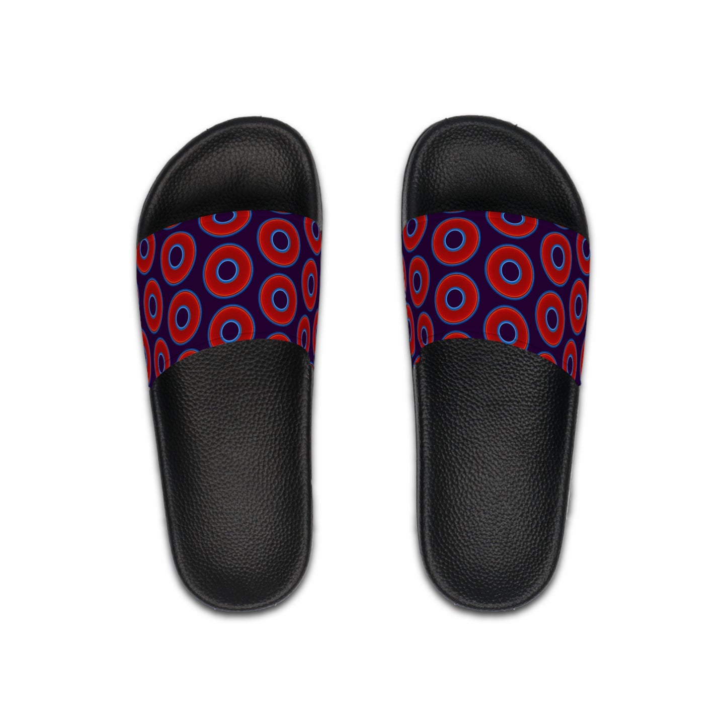 Men's Lumpy Sandals - slip-ons - red vivid donuts w/midnight purple background