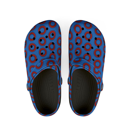 Spatchcocks - donut slip-on shoes - red rustic donuts w/light royal blue background [unisex]