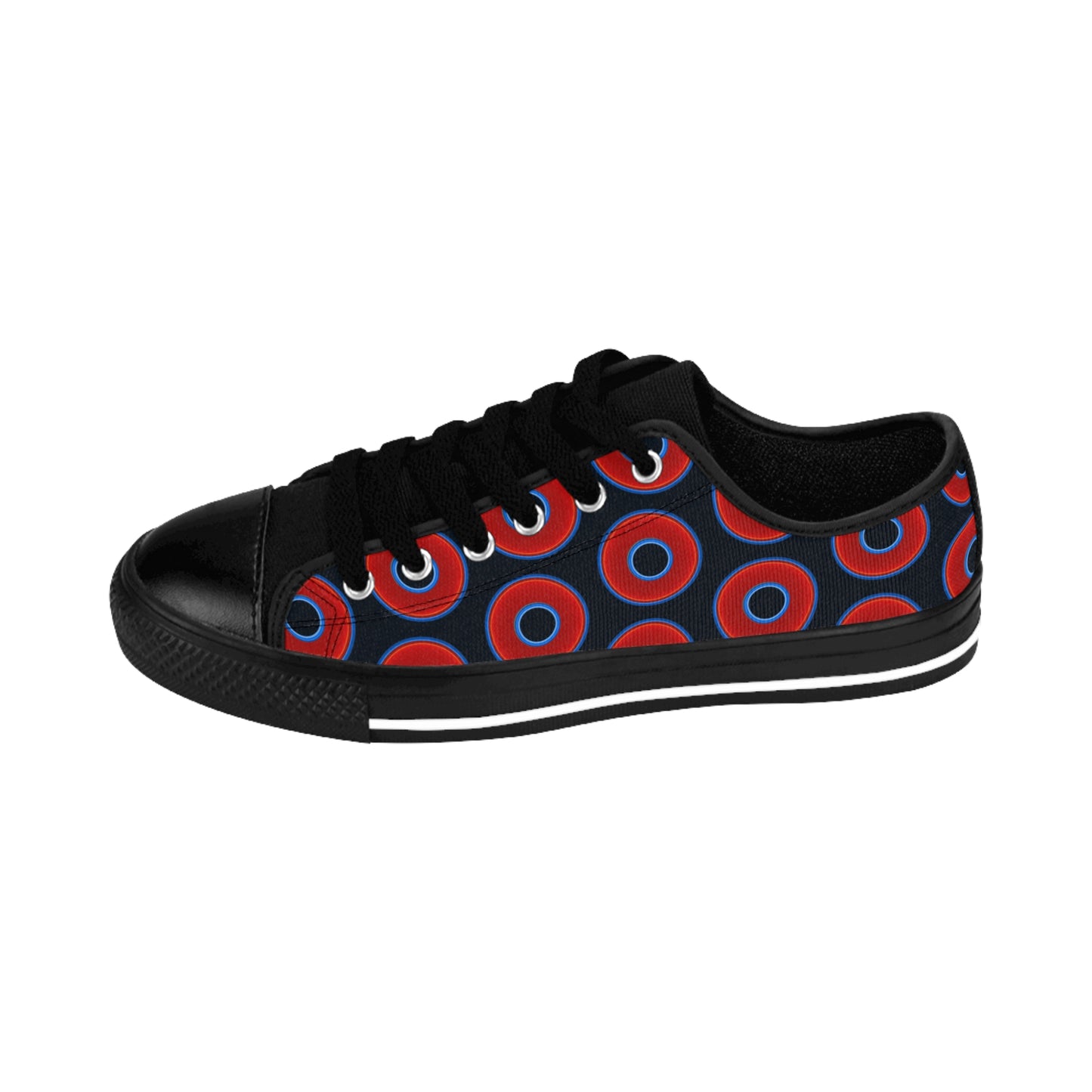 Women's Cushiony Convectors - Low Top - large red vivid donut print w/Blue Charcoal background
