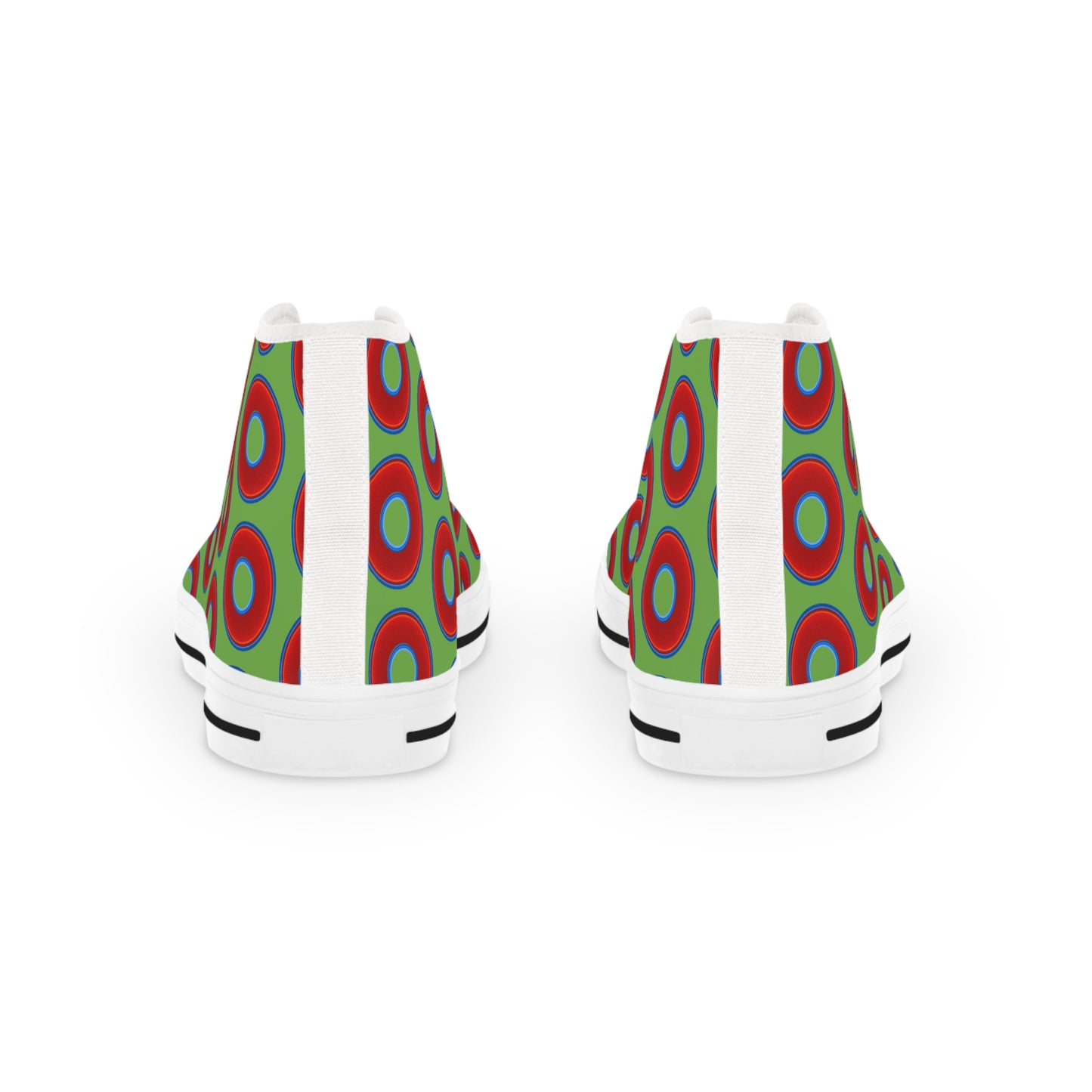 Men's High Top Chucks - large vivid red donut print w/light green background