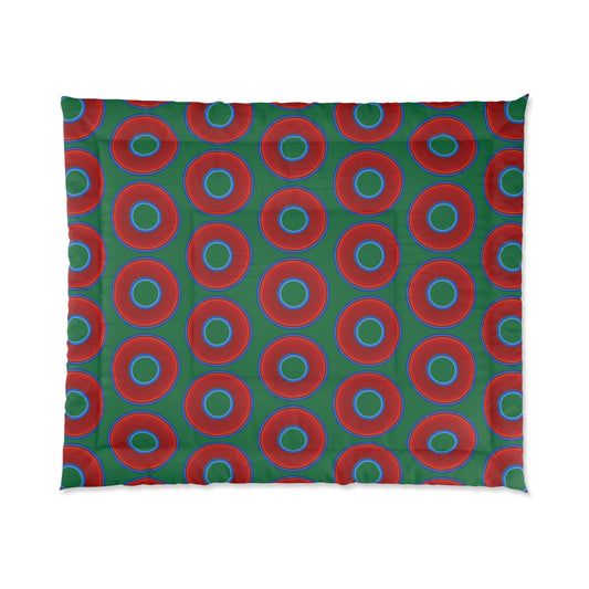 The Very Lumpy Comforter - vivid red donuts w/green background