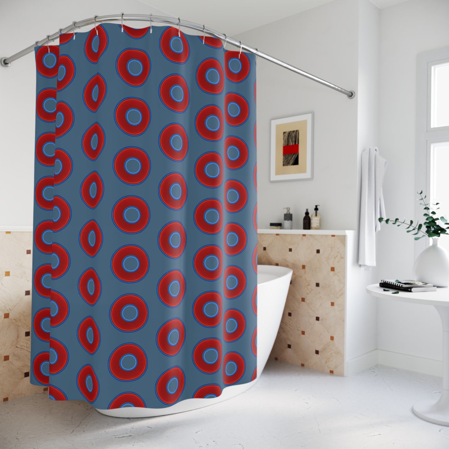 The Curtain With "Donuts" - Lumpy Bath Time Fun - vivid red donuts w/steel blue background