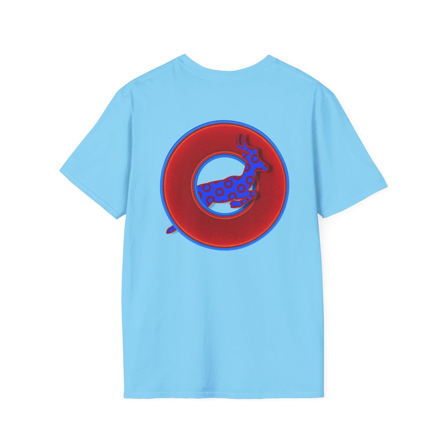 Classic Donut Tee - Unisex Soft-Style - "Out of Control Donut" - vivid red donut - variant 2 "jumping on through"