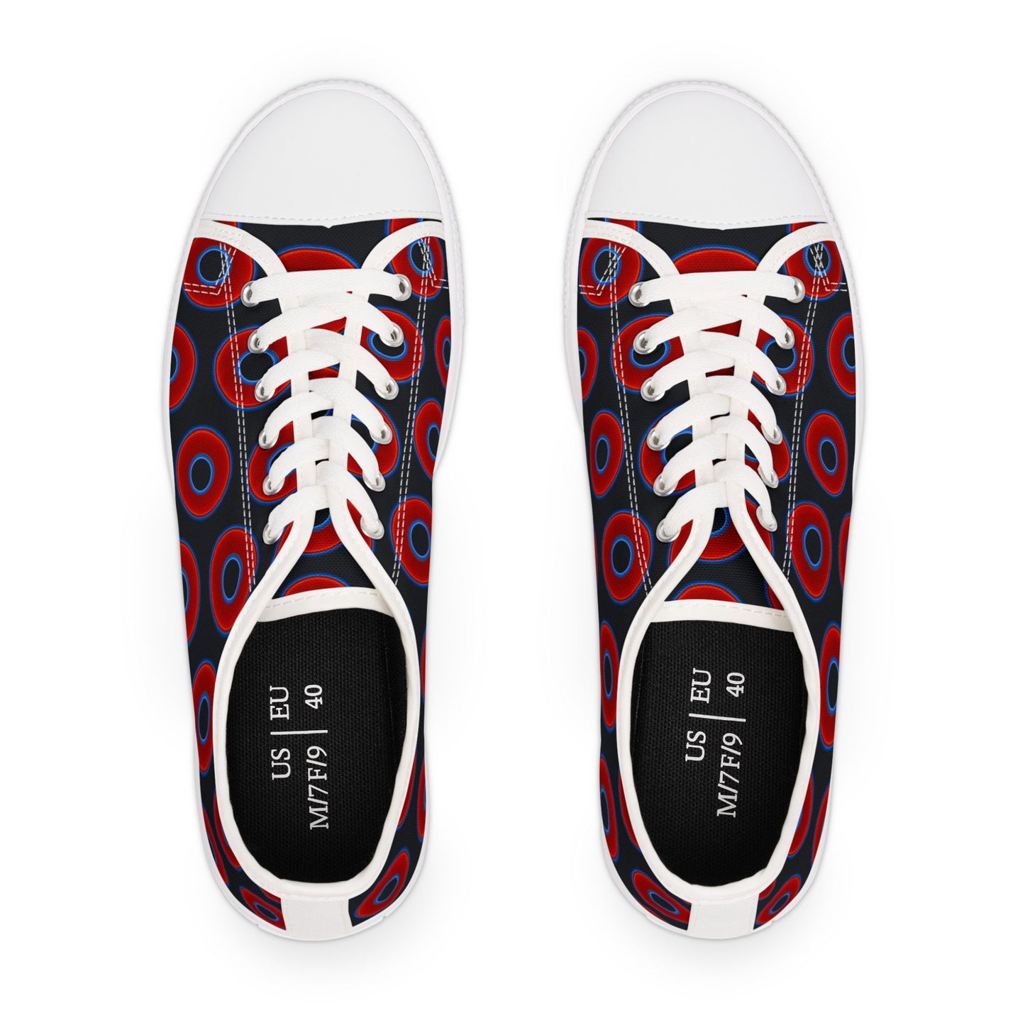 Women's - Low Top Chuck Taylors - large vivid red donut print w/blue charcoal background