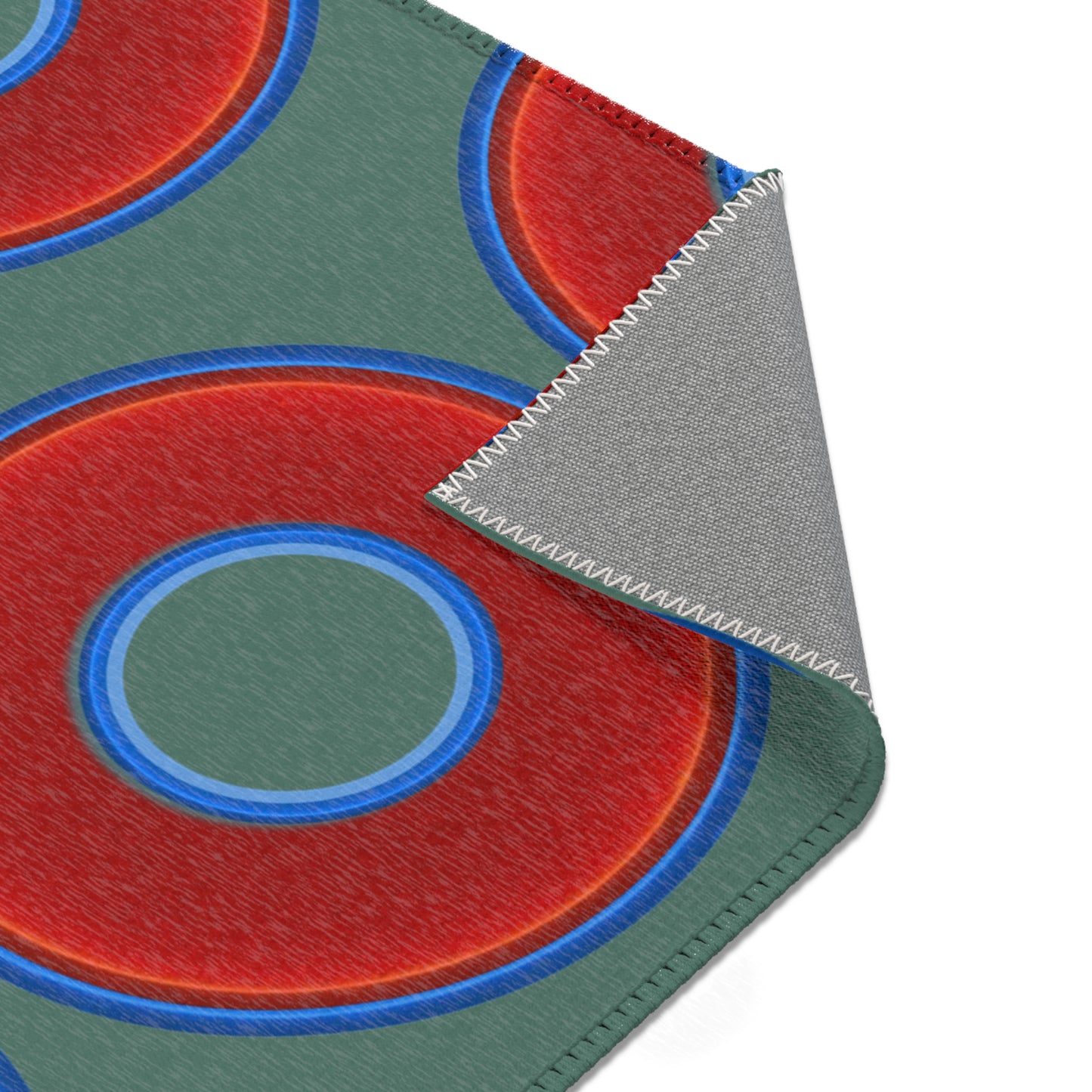 Lumpy Donut Print Rug - choice of 3 sizes - vivid red donut print w/Fenway green background