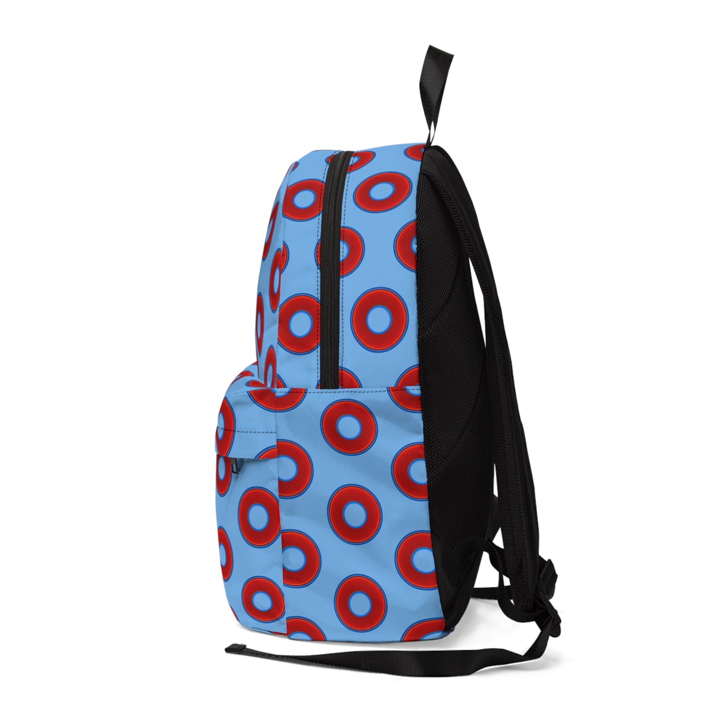 Donut Backpack - red vivid donuts w/light blue background