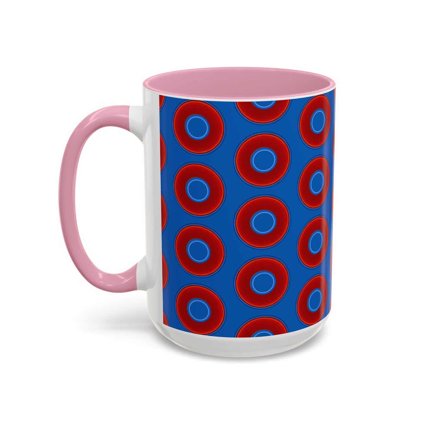 Lump's Grumpy Coffee Mug - vivid red donuts w/dark royal blue background