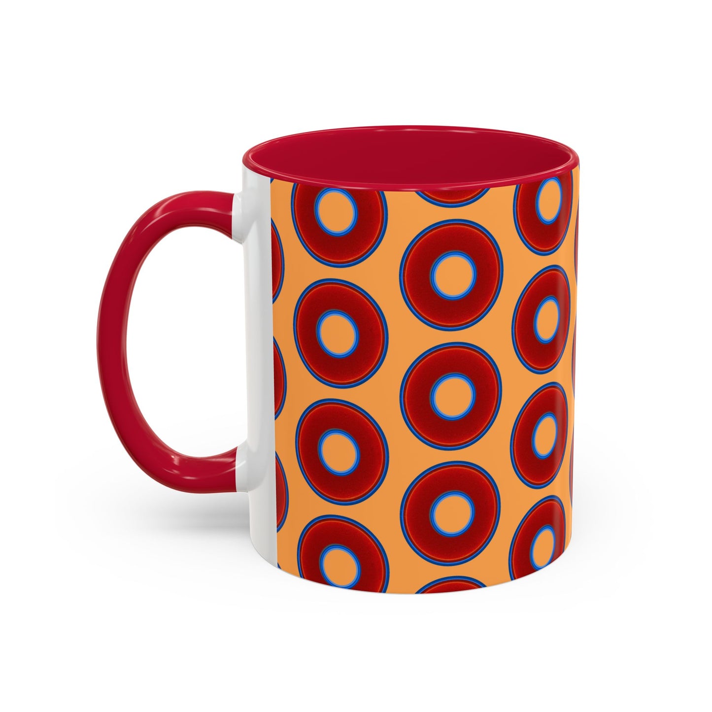 Lump's Grumpy Coffee Mug - vivid red donuts w/creamsicle orange background