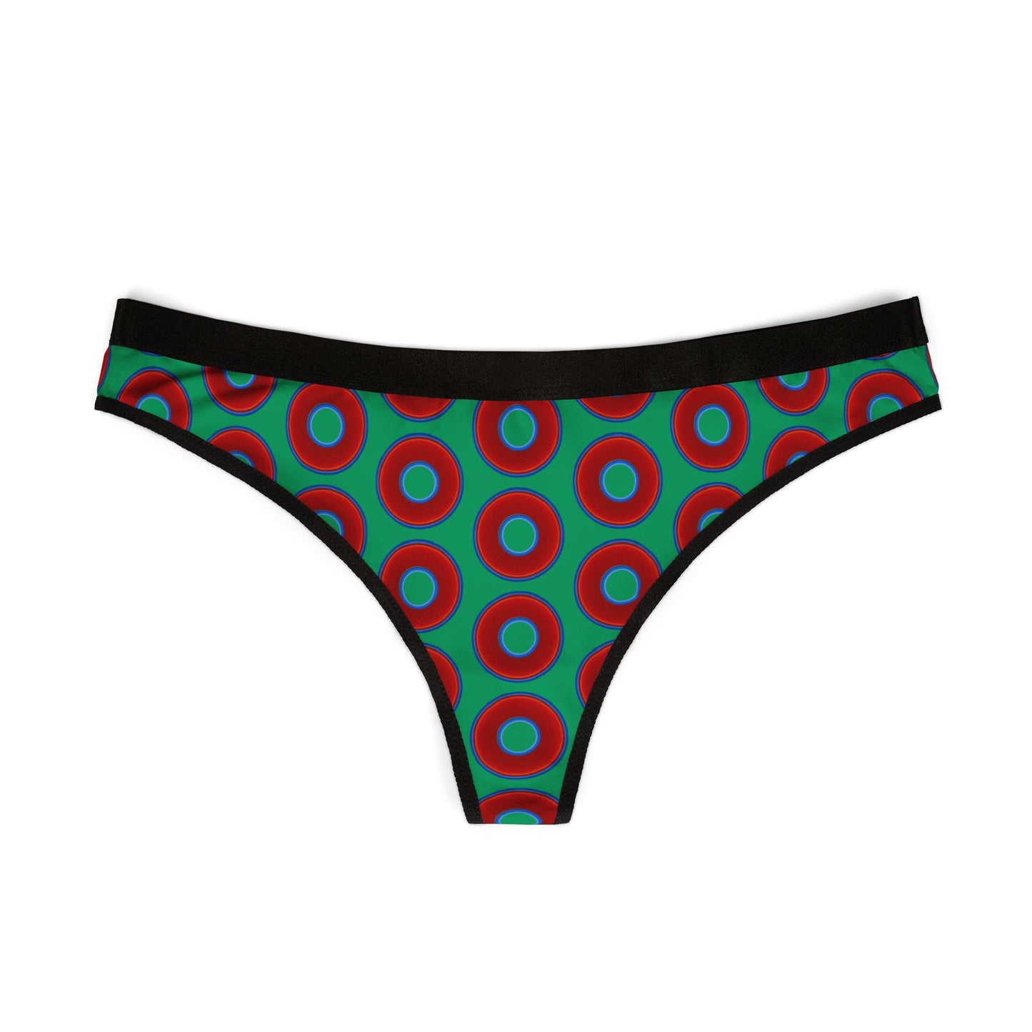 Lumpy Donut Thongs - red vivid donut print w/jade green background