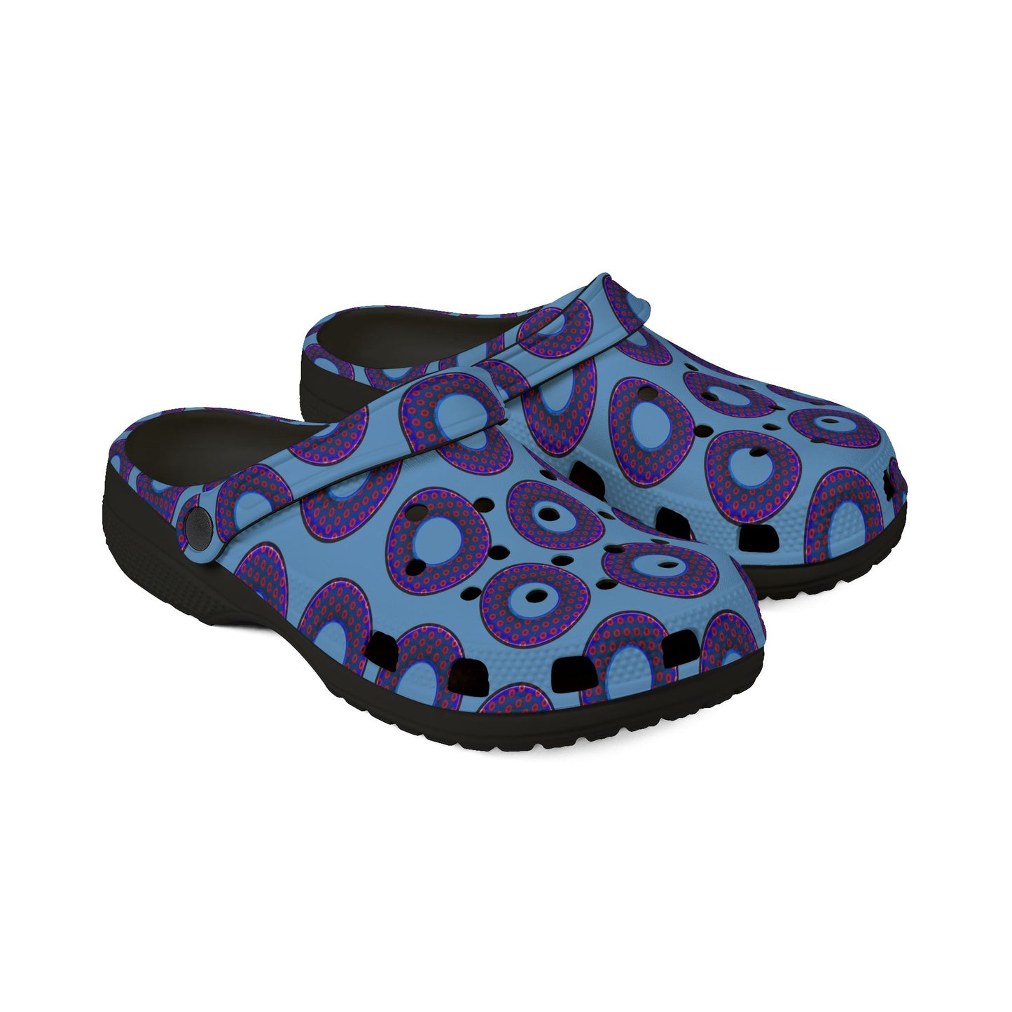 Spatchcocks - donut slip-on shoes - paradoxical weathered blue/red donuts w/light blue background [unisex]