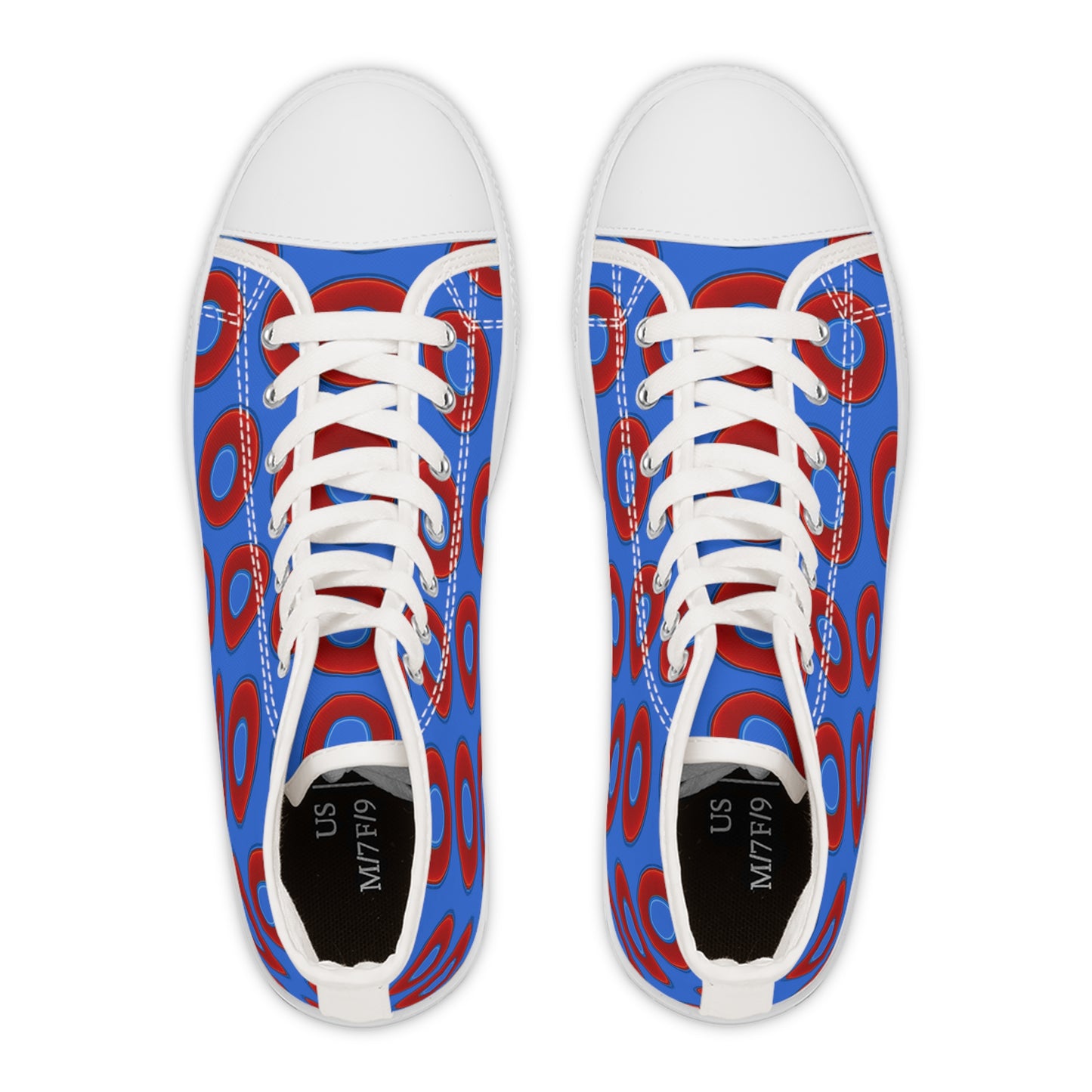 Women's High Top Chuck Taylors - large vivid red donut print w/medium royal blue background