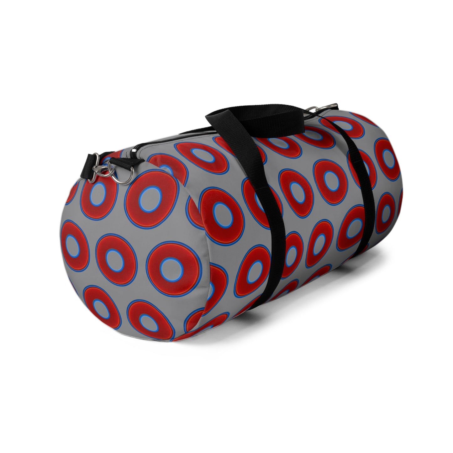 Lumpy Duffel - vivid red donuts w/gray background