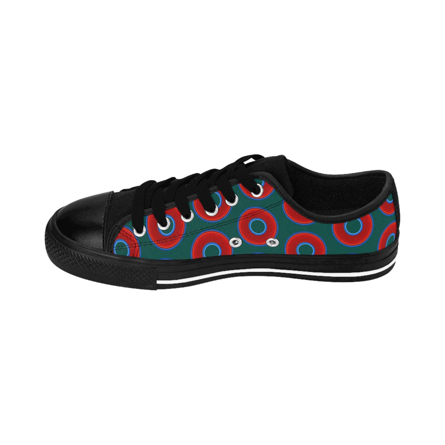 Women's Cushiony Convectors - Low Top - large red vivid donut print w/dark Fenway green background