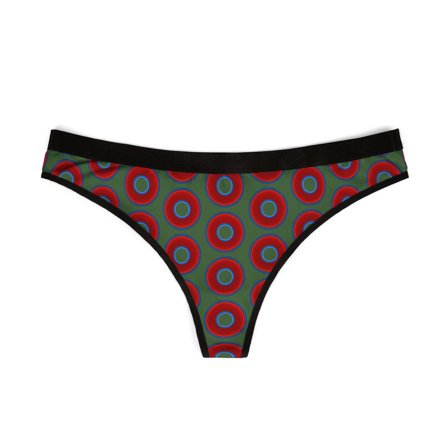 Lumpy Donut Thongs - red vivid donut print w/dark green background