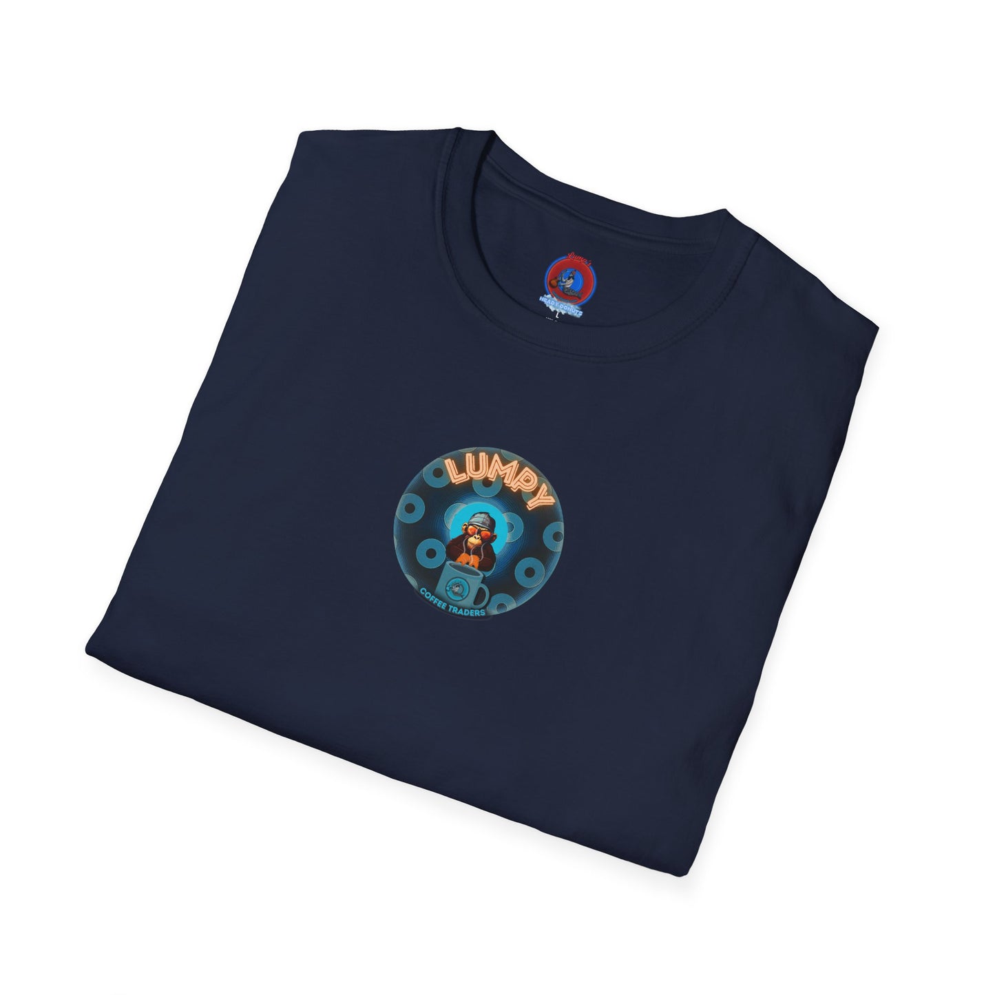 Lumpy Coffee Traders Tee - Unisex Soft-Style - "Good to Last Leaky Drop" - paradoxical ocean donut - variant 1 - logo front/coffee back