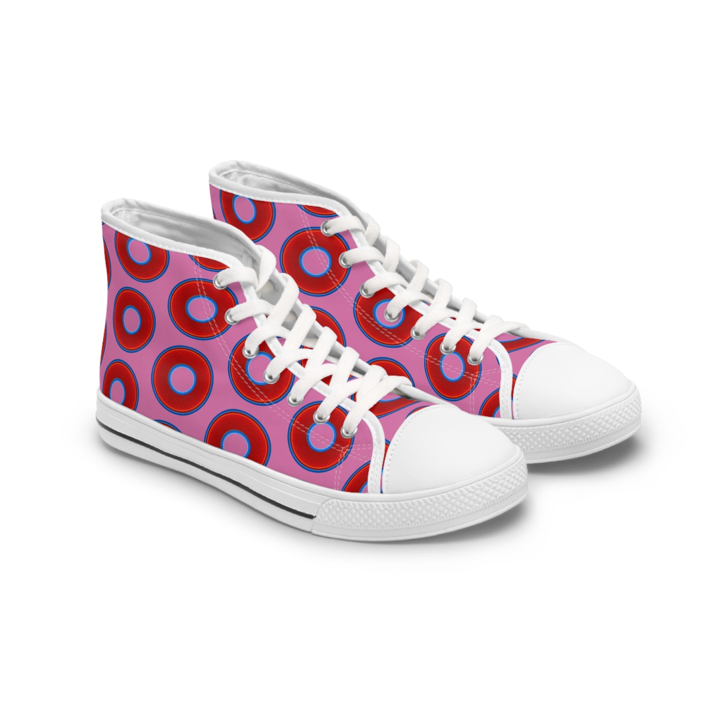 Women's High Top Chuck Taylors - large vivid red donut print w/pink background