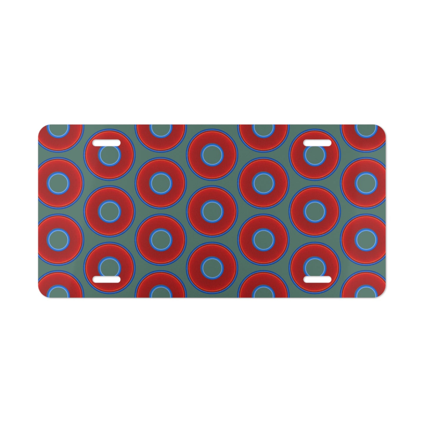 Lumpy Donut Vanity Plate - red vivid donut print w/Fenway green background