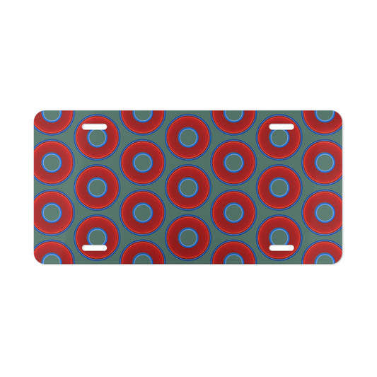 Lumpy Donut Vanity Plate - red vivid donut print w/Fenway green background