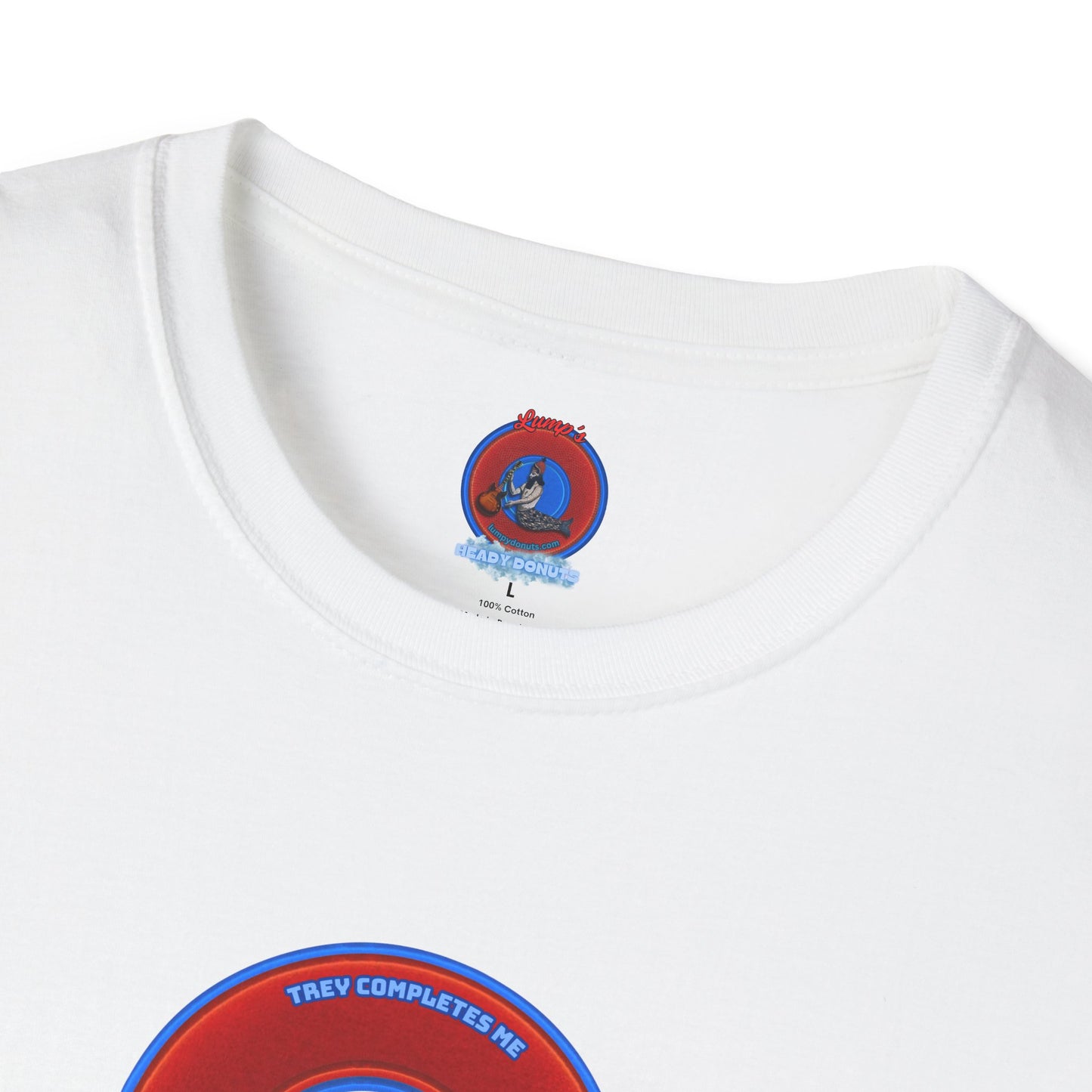 Classic Donut Tee - Unisex Soft-Style - "Trey's Completed Donut" - vivid red/blue donut