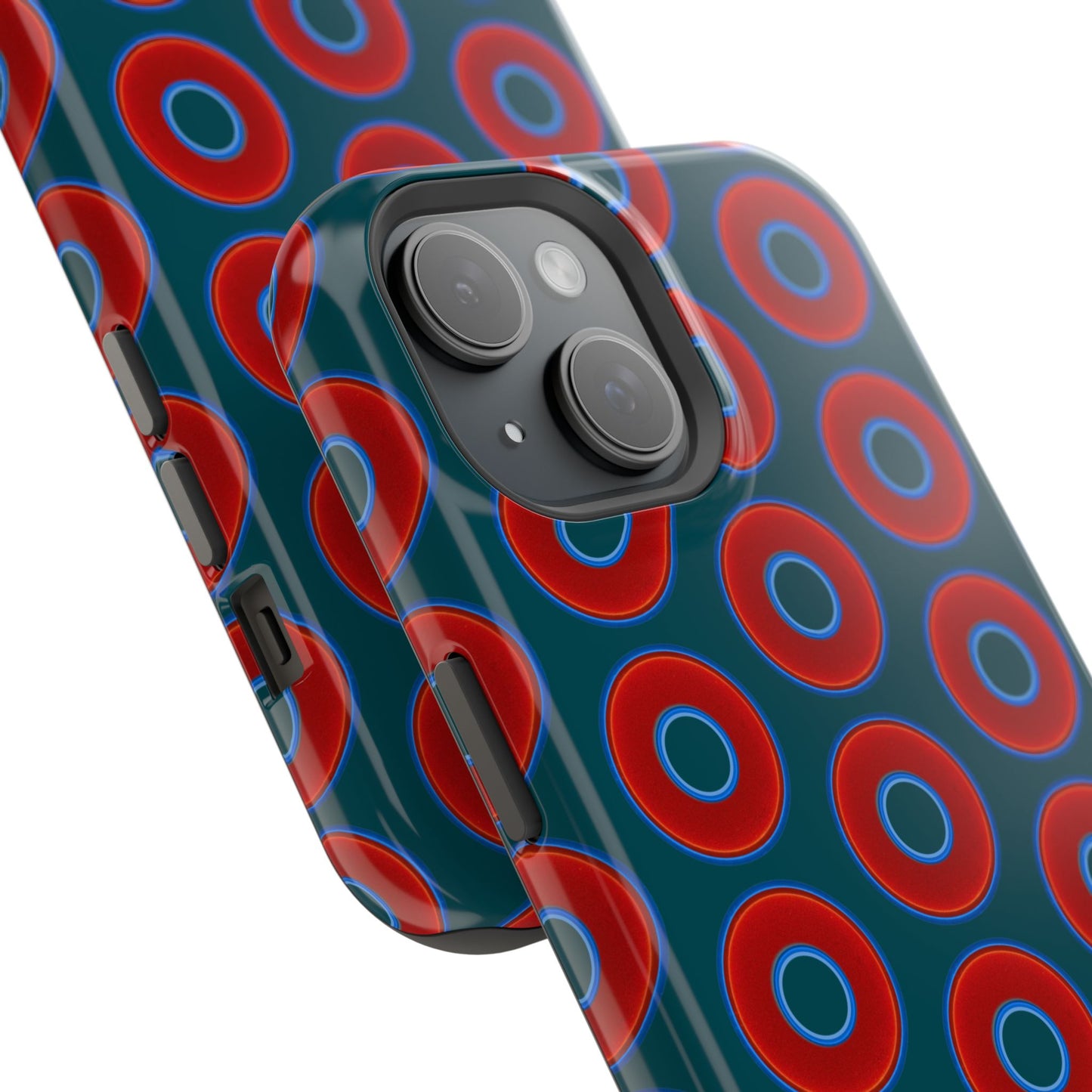 Impact-Resistant Lumpy Donut Case - red vivid donut print w/midnight green background