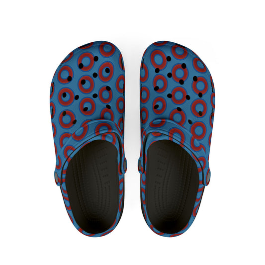 Spatchcocks - donut slip-on shoes - red rustic donuts w/light steel blue background [unisex]